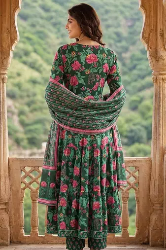 green and pink pure cotton anarkali tierd kurta set