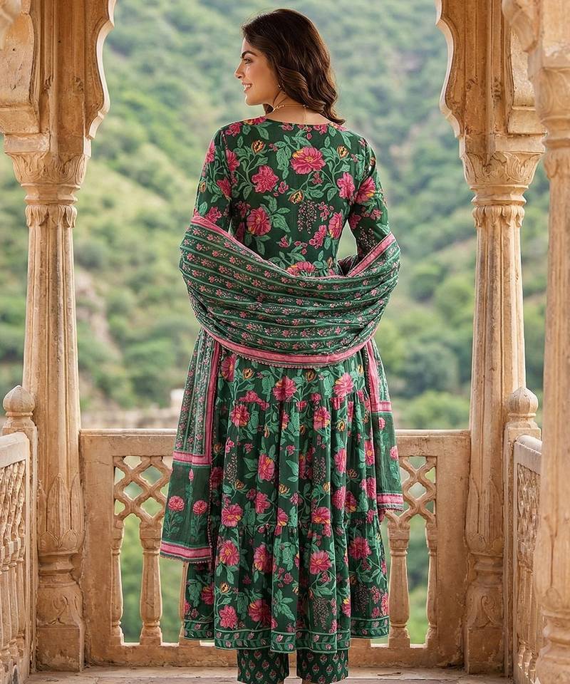 Anouk green and pink pure cotton anarkali tierd kurta set