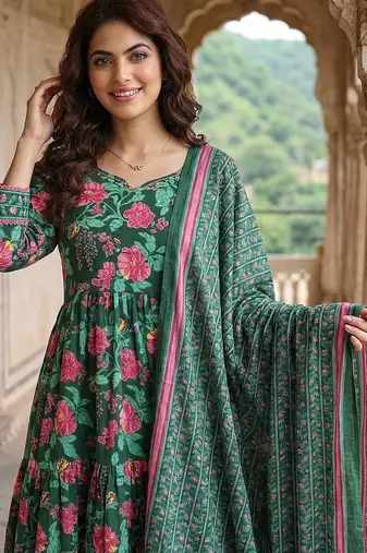 green and pink pure cotton anarkali tierd kurta set