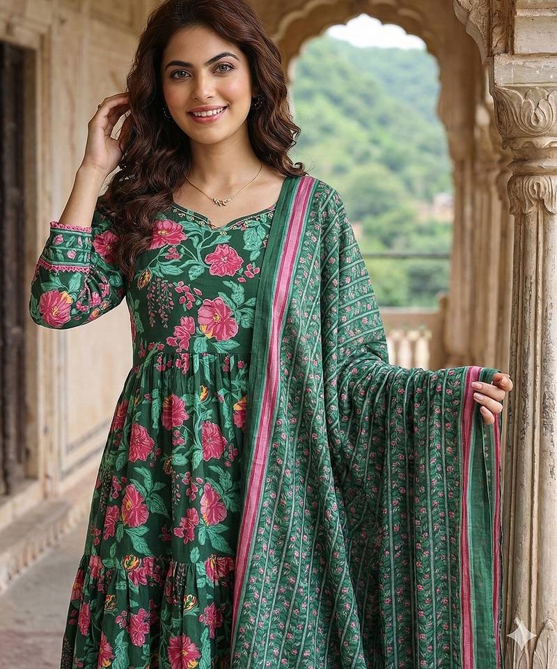 Anouk green and pink pure cotton anarkali tierd kurta set