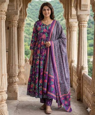purple and pink pure cotton anarkali tierd kurta set 1