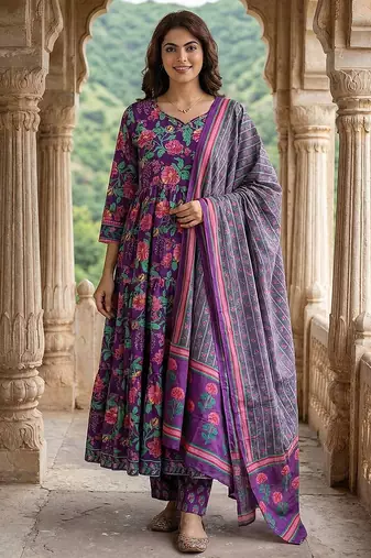 Anouk purple and pink pure cotton anarkali tierd kurta set