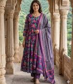 Anouk purple and pink pure cotton anarkali tierd kurta set