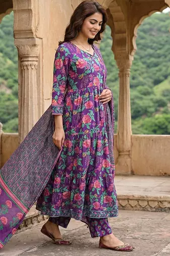 purple and pink pure cotton anarkali tierd kurta set
