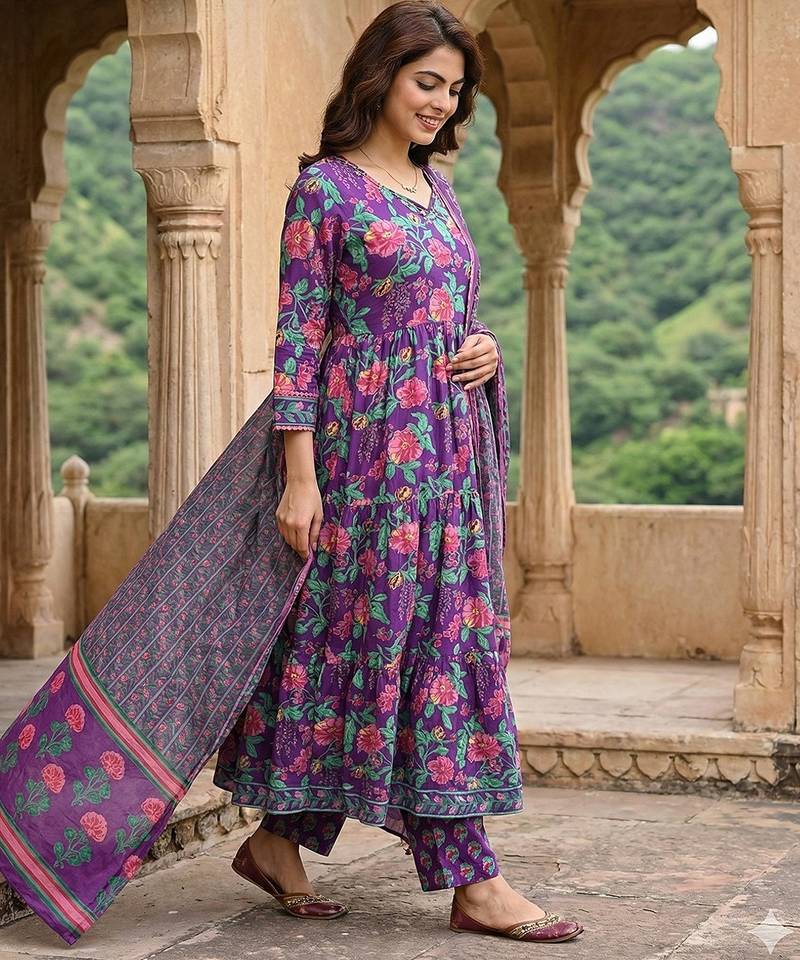 Anouk purple and pink pure cotton anarkali tierd kurta set