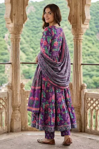 purple and pink pure cotton anarkali tierd kurta set