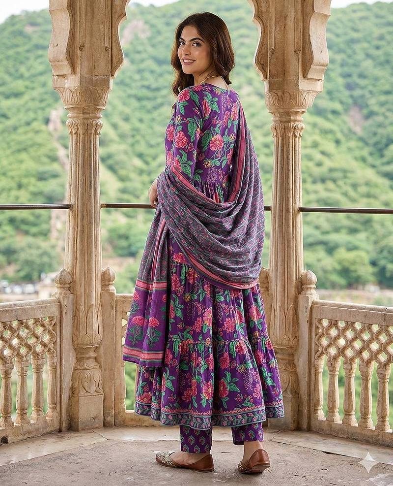 Anouk purple and pink pure cotton anarkali tierd kurta set