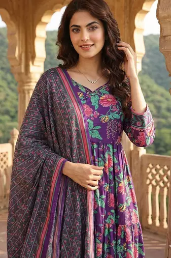 purple and pink pure cotton anarkali tierd kurta set