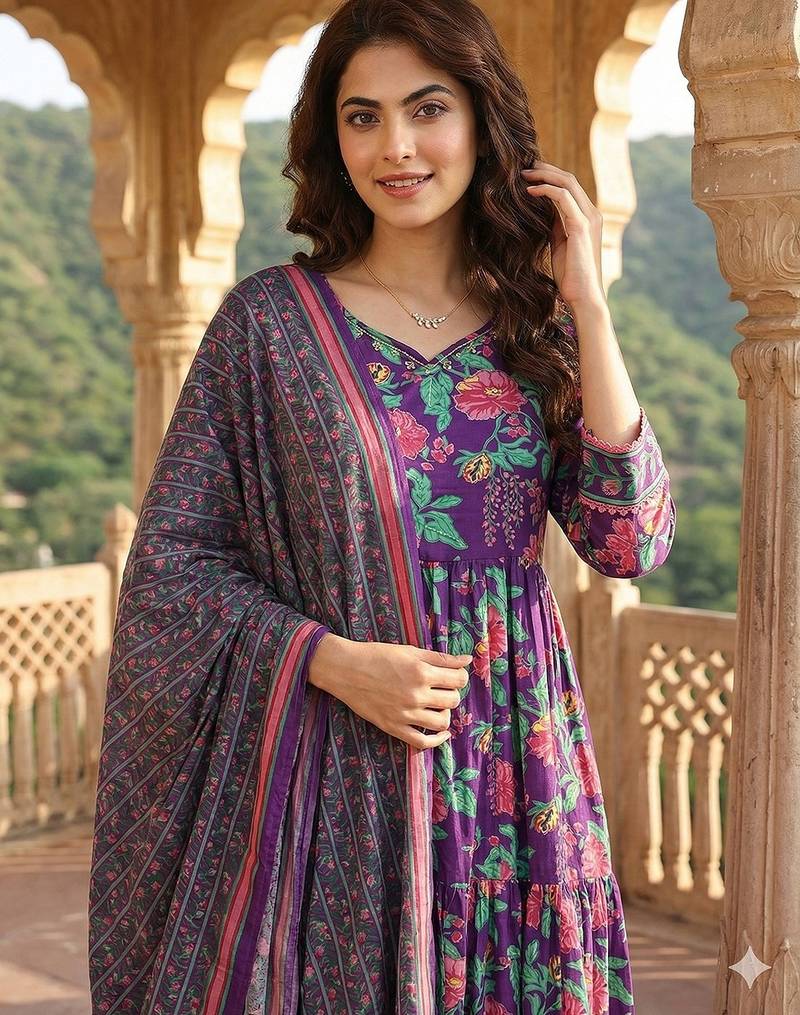 Anouk purple and pink pure cotton anarkali tierd kurta set