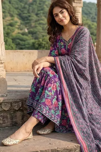 purple and pink pure cotton anarkali tierd kurta set