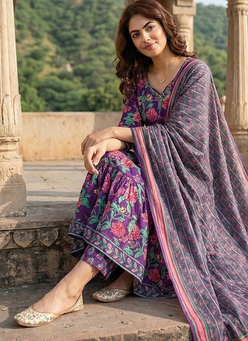 Anouk purple and pink pure cotton anarkali tierd kurta set