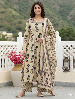blue and beige pure cotton anarkali regular kurta set 1