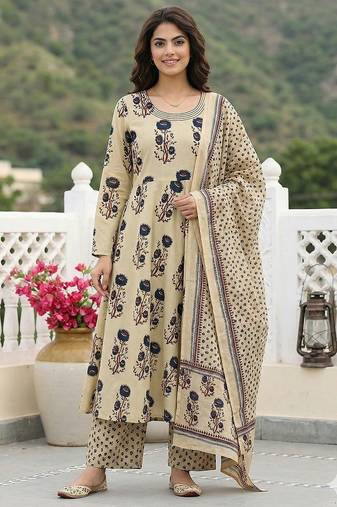 Anouk blue and beige pure cotton anarkali regular kurta set