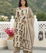 Anouk blue and beige pure cotton anarkali regular kurta set