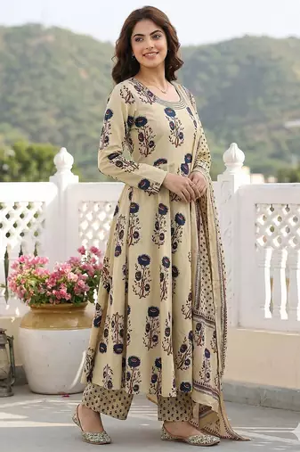 blue and beige pure cotton anarkali regular kurta set