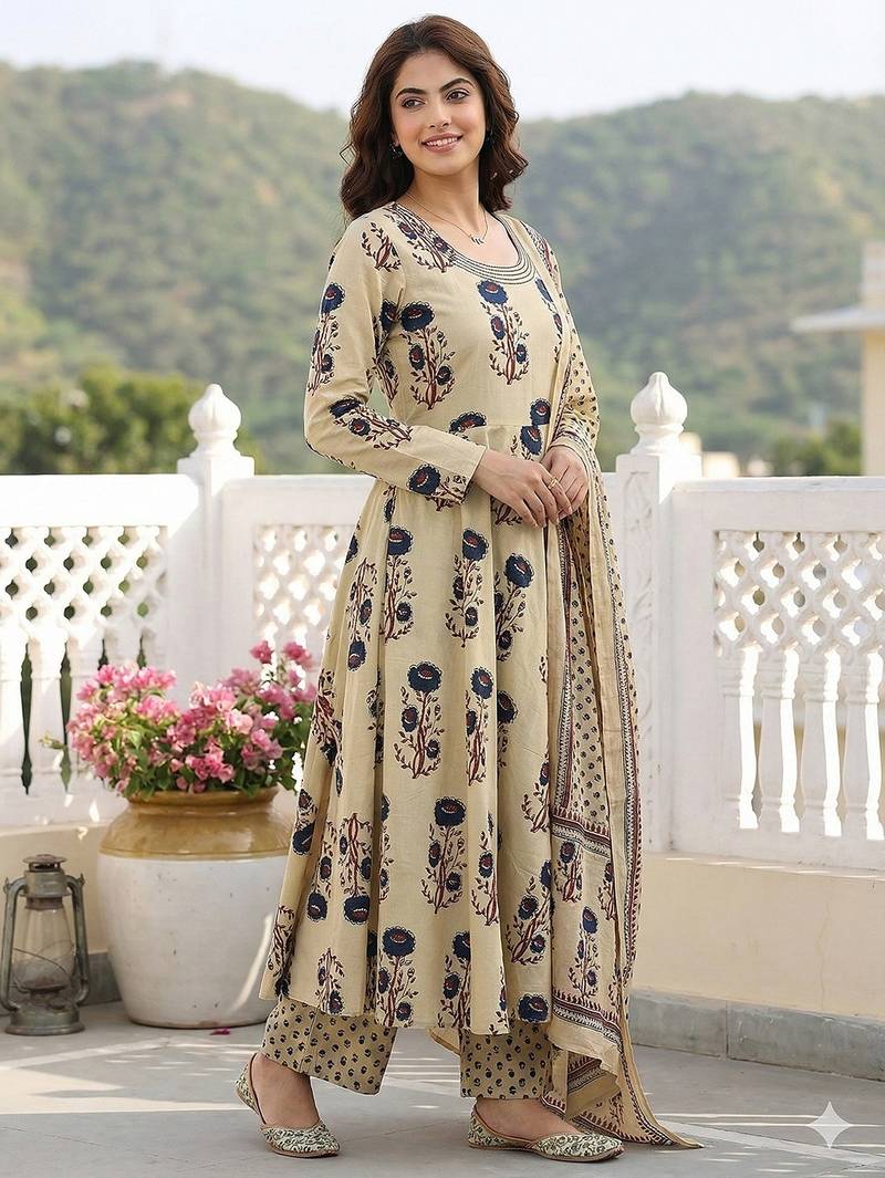 Anouk blue and beige pure cotton anarkali regular kurta set