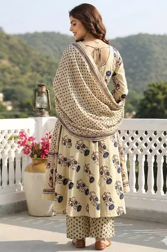 blue and beige pure cotton anarkali regular kurta set