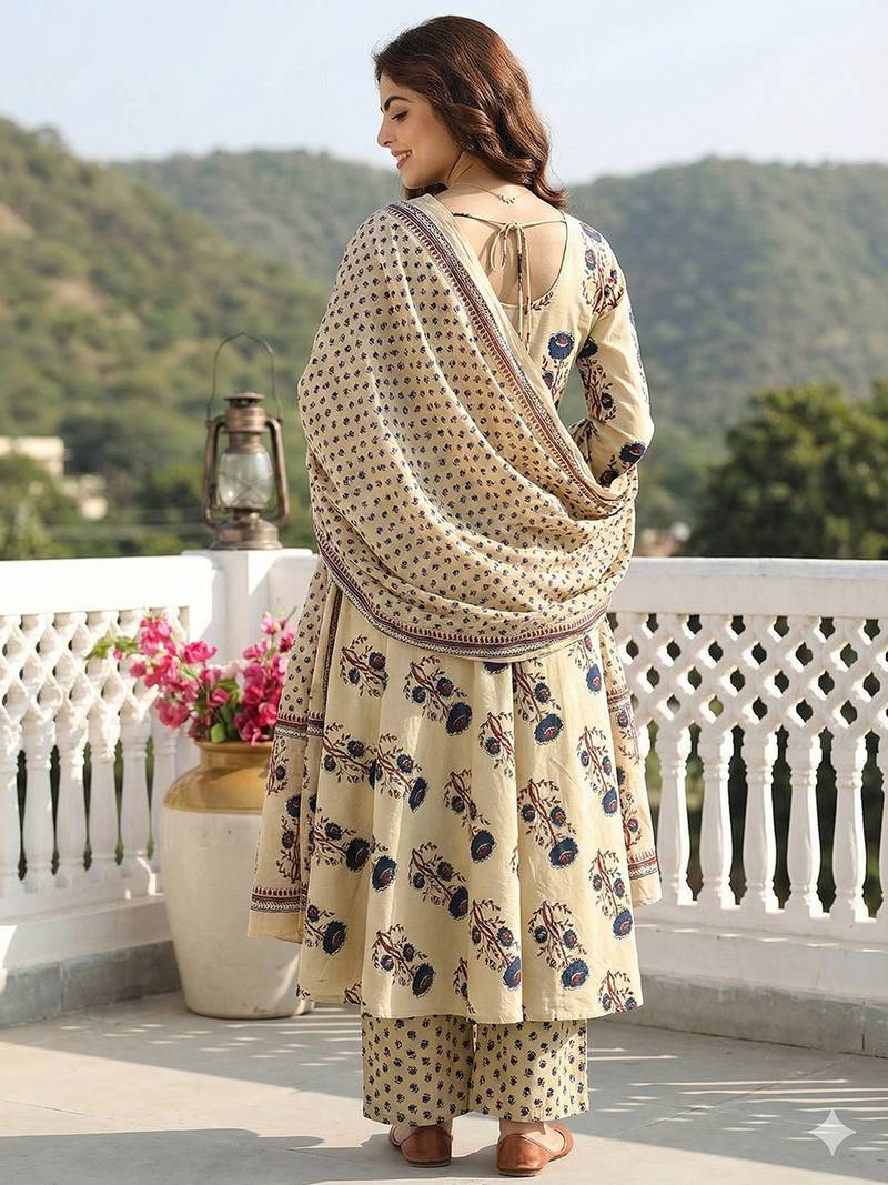 Anouk blue and beige pure cotton anarkali regular kurta set