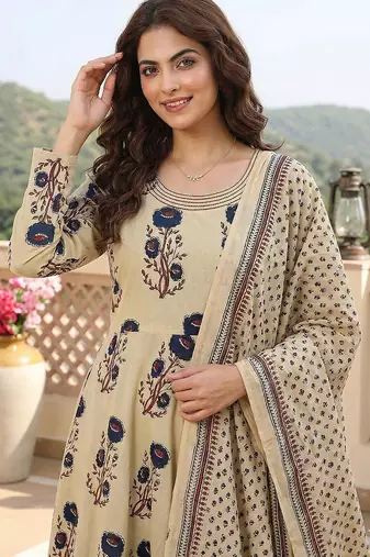 blue and beige pure cotton anarkali regular kurta set