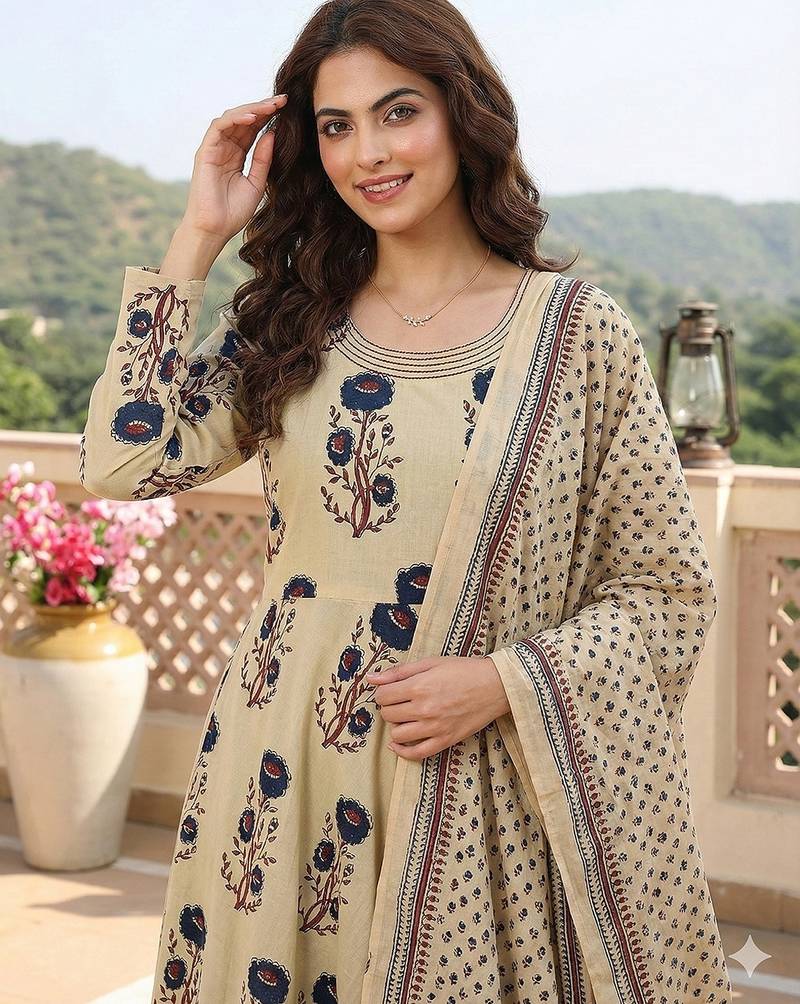 Anouk blue and beige pure cotton anarkali regular kurta set