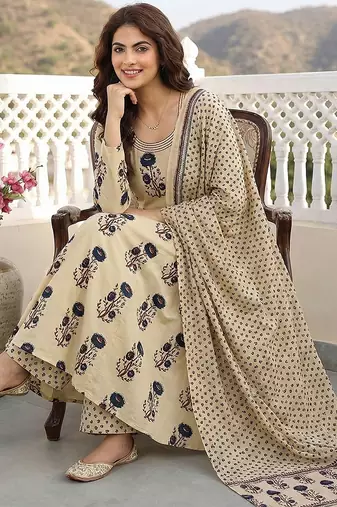 blue and beige pure cotton anarkali regular kurta set