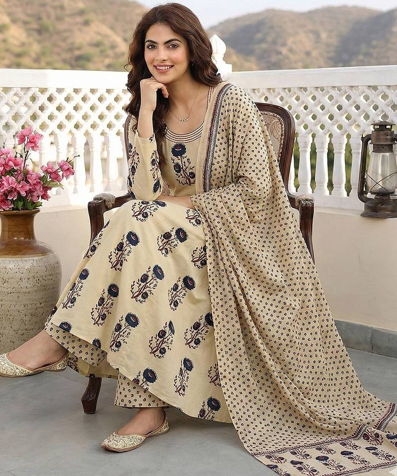 Anouk blue and beige pure cotton anarkali regular kurta set