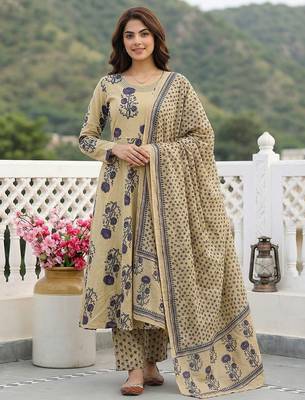purple and beige pure cotton anarkali regular kurta set 1