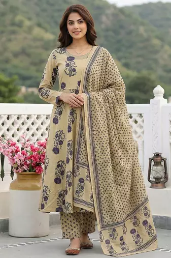 Anouk purple and beige pure cotton anarkali regular kurta set
