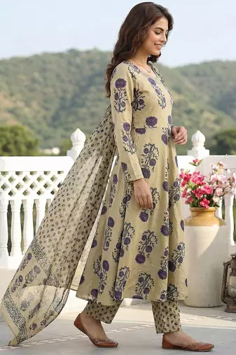 purple and beige pure cotton anarkali regular kurta set