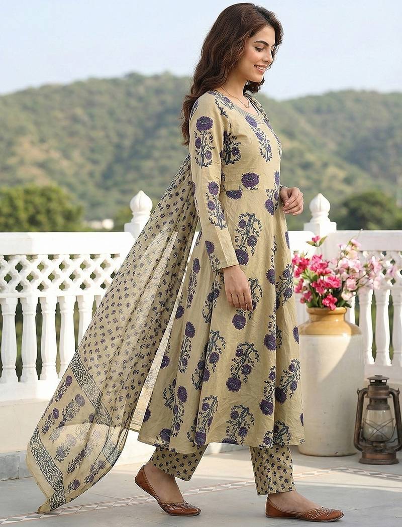 Anouk purple and beige pure cotton anarkali regular kurta set