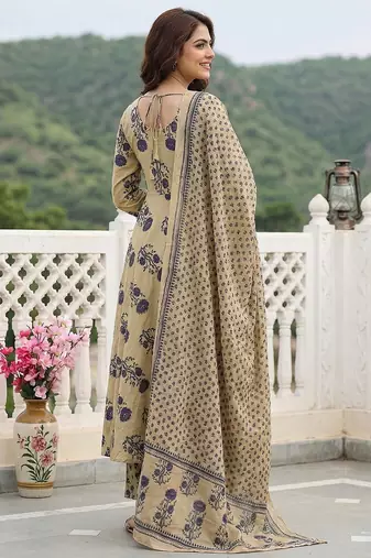 purple and beige pure cotton anarkali regular kurta set