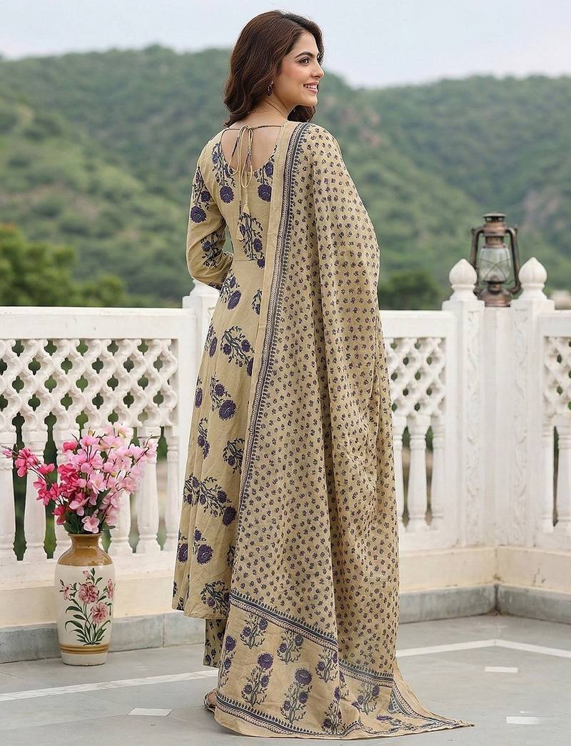 Anouk purple and beige pure cotton anarkali regular kurta set