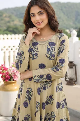 purple and beige pure cotton anarkali regular kurta set
