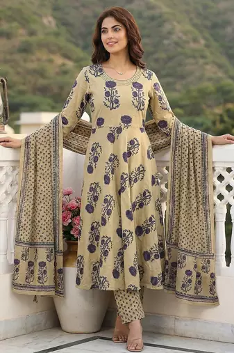 purple and beige pure cotton anarkali regular kurta set