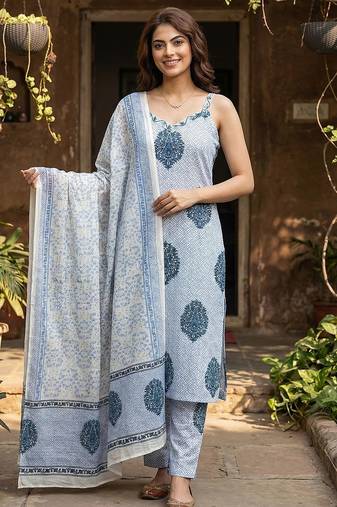 Anouk blue and white pure cotton straight strap kurta set