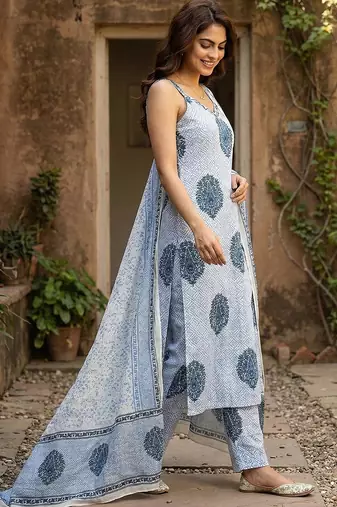 blue and white pure cotton straight strap kurta set
