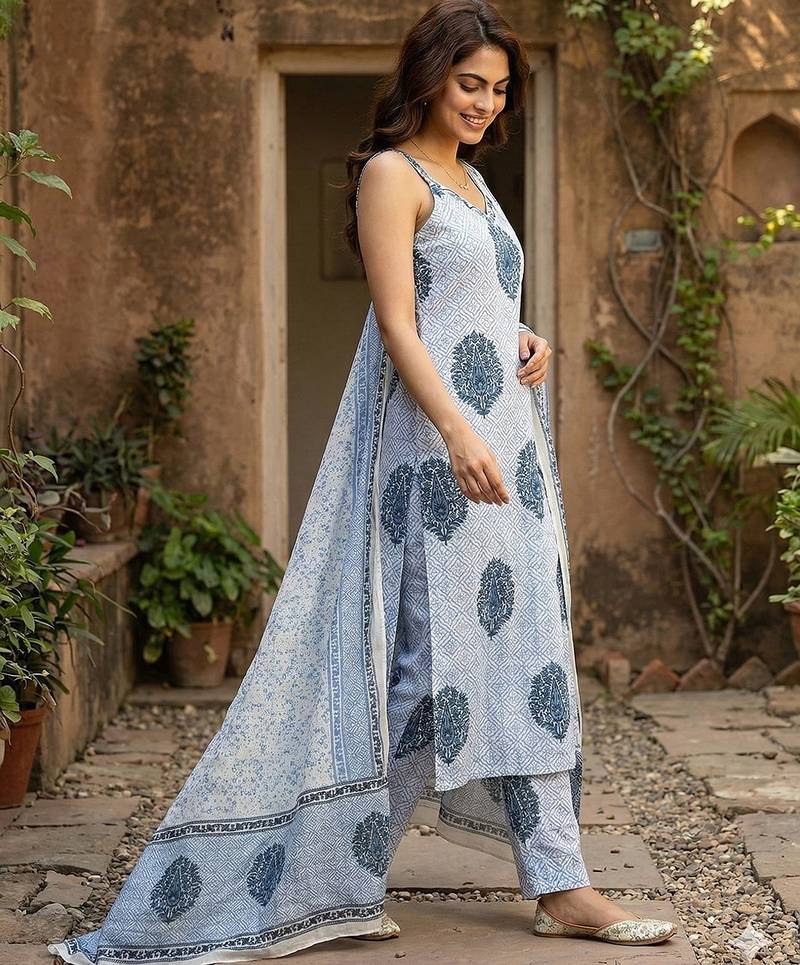 Anouk blue and white pure cotton straight strap kurta set