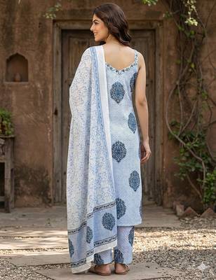 blue and white pure cotton straight strap kurta set 3