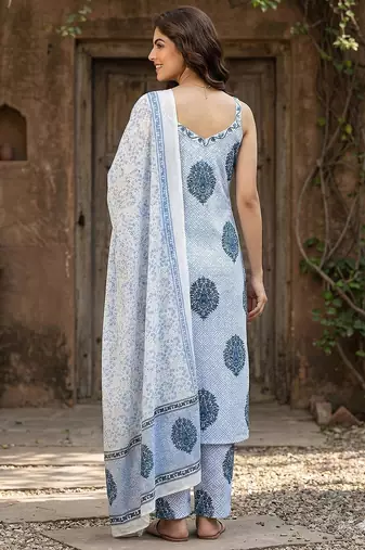 blue and white pure cotton straight strap kurta set