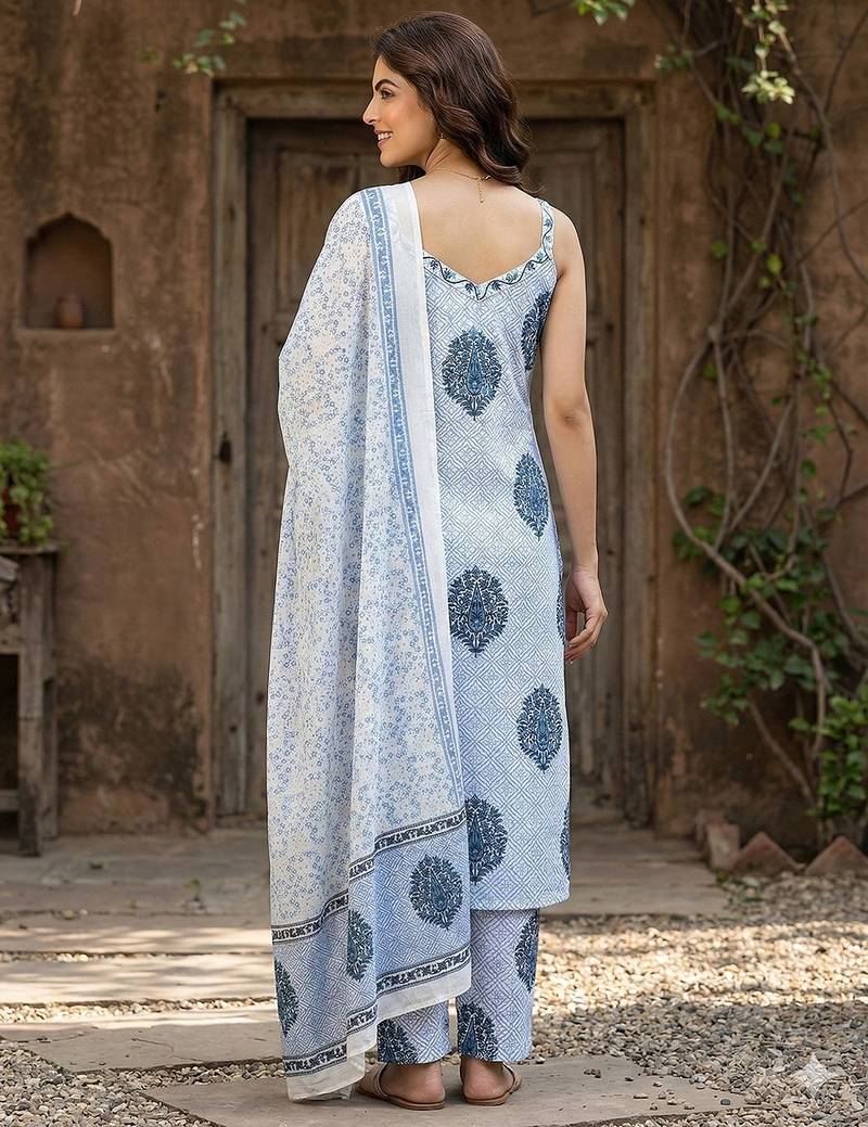Anouk blue and white pure cotton straight strap kurta set
