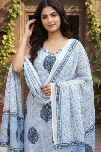 blue and white pure cotton straight strap kurta set