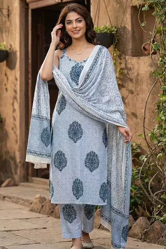 blue and white pure cotton straight strap kurta set