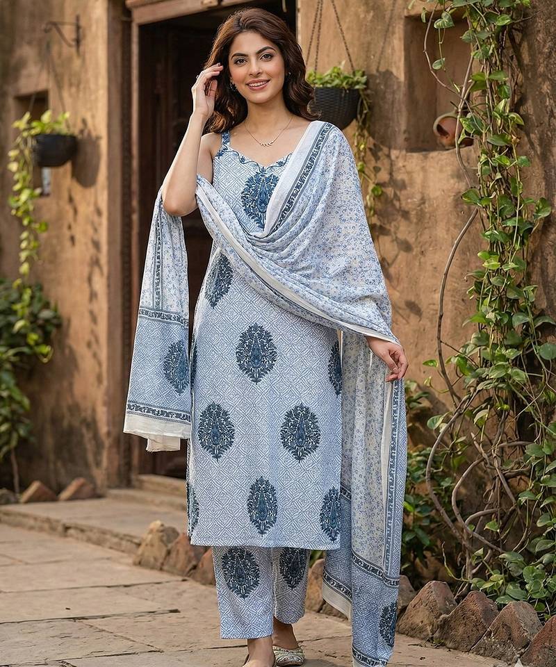 Anouk blue and white pure cotton straight strap kurta set