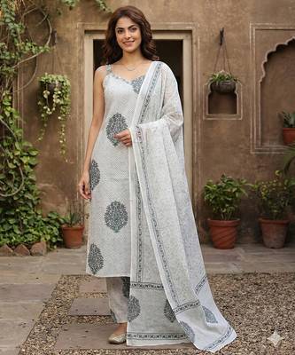 grey and white pure cotton straight strap kurta set 1