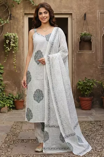 Anouk grey and white pure cotton straight strap kurta set