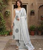 Anouk grey and white pure cotton straight strap kurta set