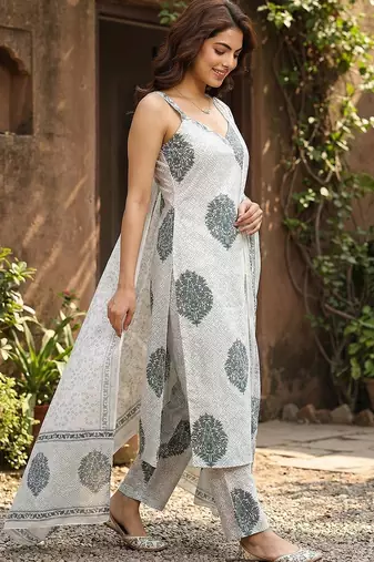 grey and white pure cotton straight strap kurta set