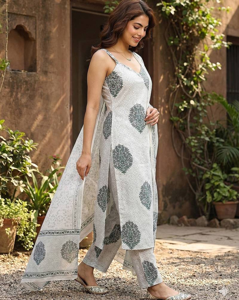Anouk grey and white pure cotton straight strap kurta set