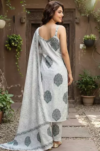 grey and white pure cotton straight strap kurta set