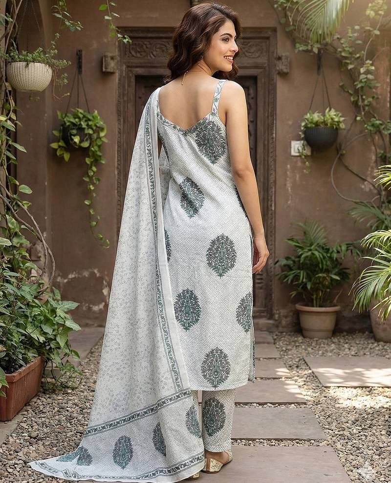 Anouk grey and white pure cotton straight strap kurta set